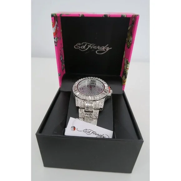 Ed Hardy Womens Crystal Bling Watch Silver Tone Rhinestone Embellished